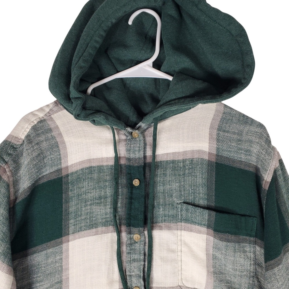 American Eagle Green Plaid Hooded Flannel Shirt Womens XL Long Sleeve Button Up